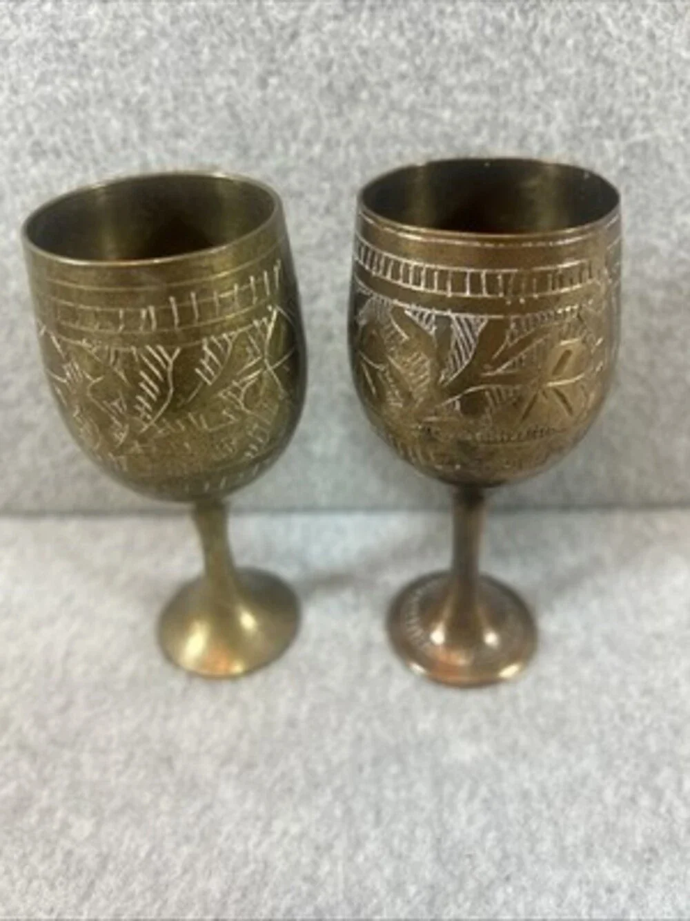 2 Rare Vintage Brass Goblets Hand Carved 4” Tall Not Identical